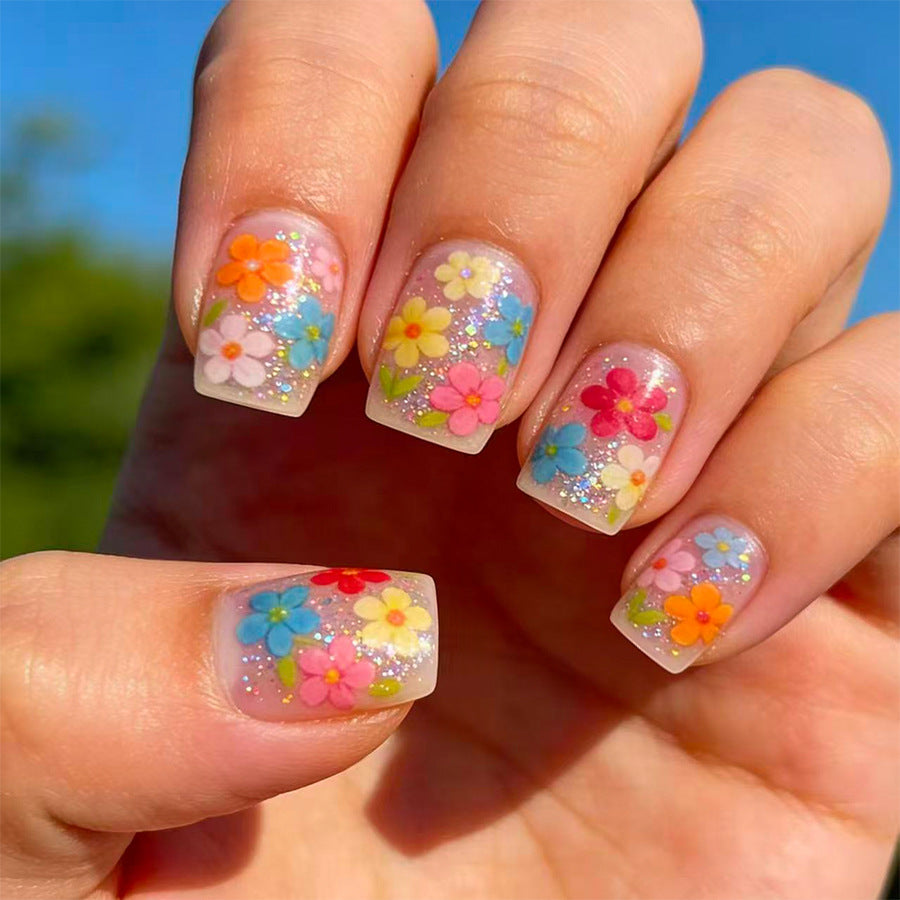 Floral Fantasy Short Square Colorful Glittery Press on Nail Set
