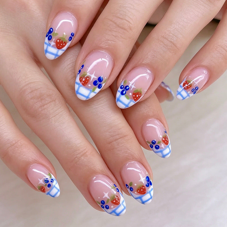 Whimsical Farmhouse Long Almond Blueberry Strawberry Floral Press On Nail Set