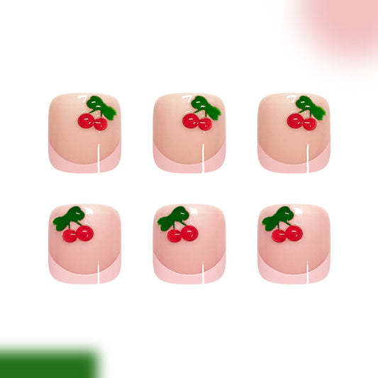 Cherry Blossom Delight Short Square Pink with Leaf and Cherry Design Press On Toenail Set