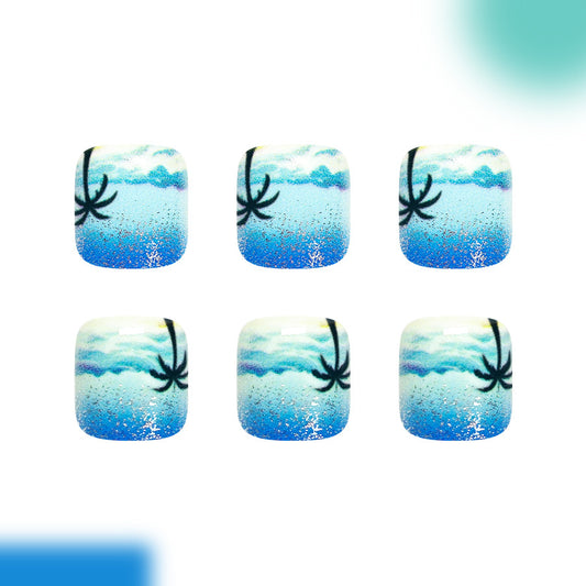 Tropical Vibes Short Square Ocean Breeze Toenail Set with Glittery Finish
