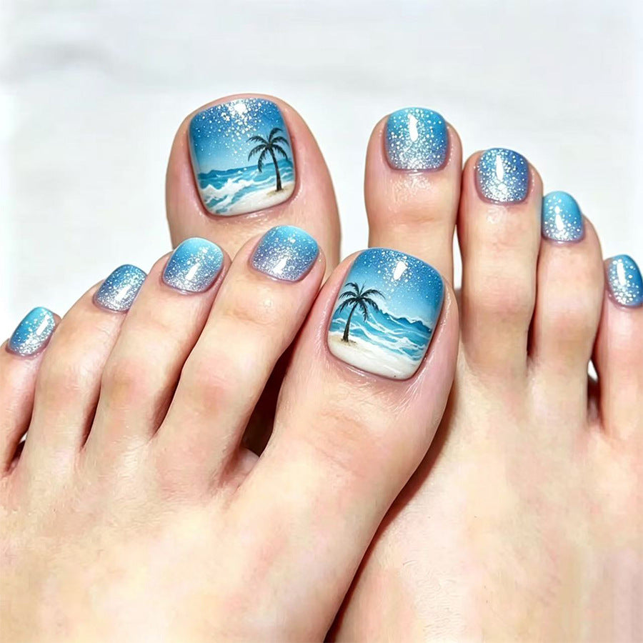 Tropical Breeze Short Square Sky Blue Glitter Press On Toenail Set