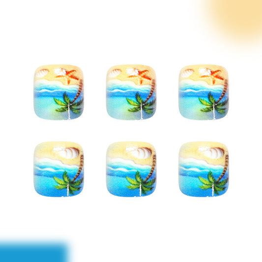 Tropical Paradise Short Square Blue and Sandy Palm Tree Design Press on Toenail Set