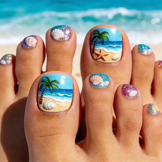 Tropical Vibes Long Square Turquoise with Summer Beach Shells Press On Toenail Set