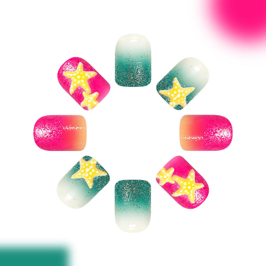 Starry Summer Vibes Short Square Aqua Ombre with Glitter Press On Nail Set