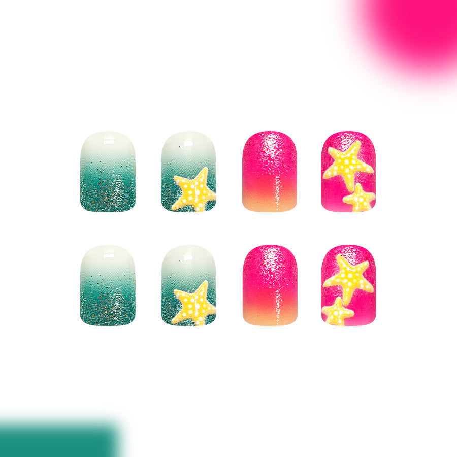 Ocean Breeze Short Square Glittery Nail Set with Starfish Design