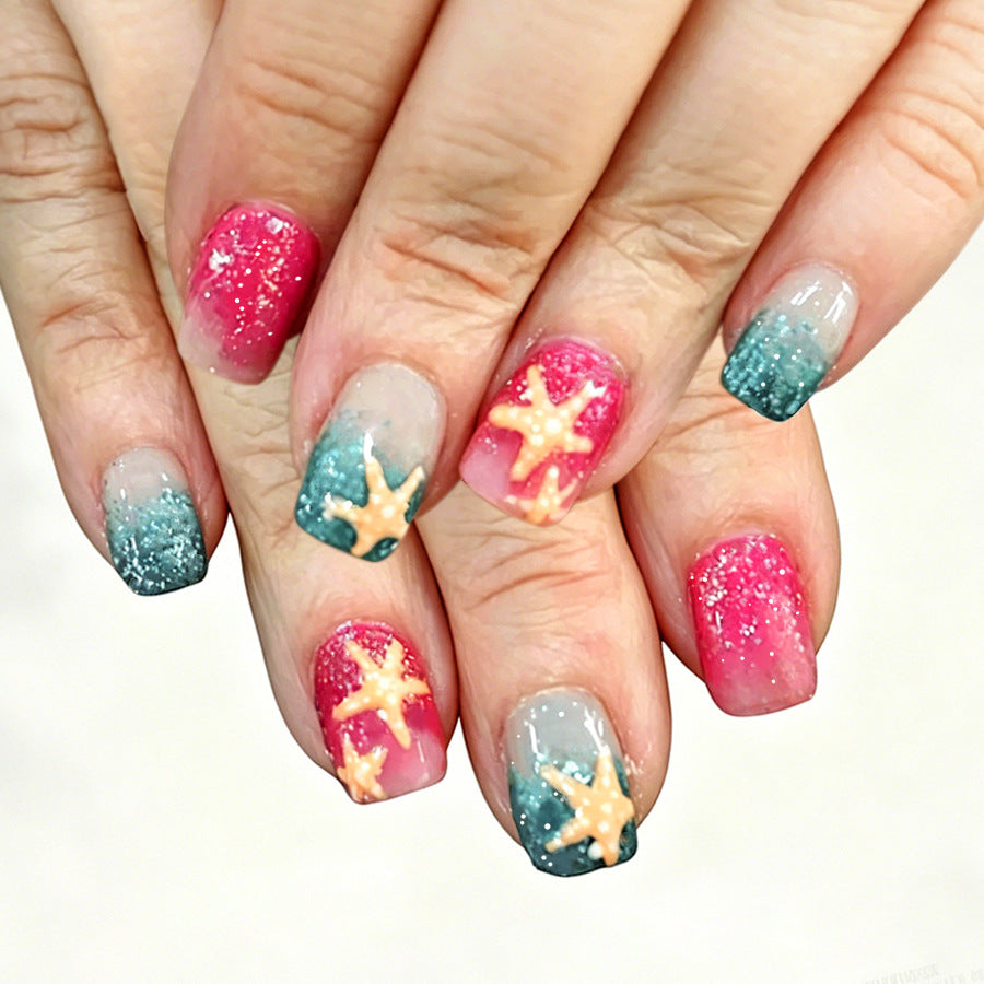 Seashell Delight Medium Square Pink and Aqua Gradient with Starfish Design Press On Nail Set