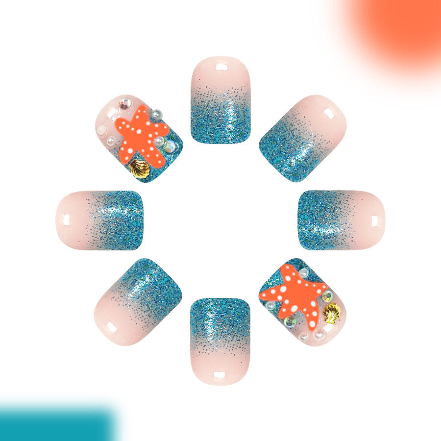 Seaside Elegance Short Square Aquamarine Glitter with Starfish Accent Press-On Nail Set