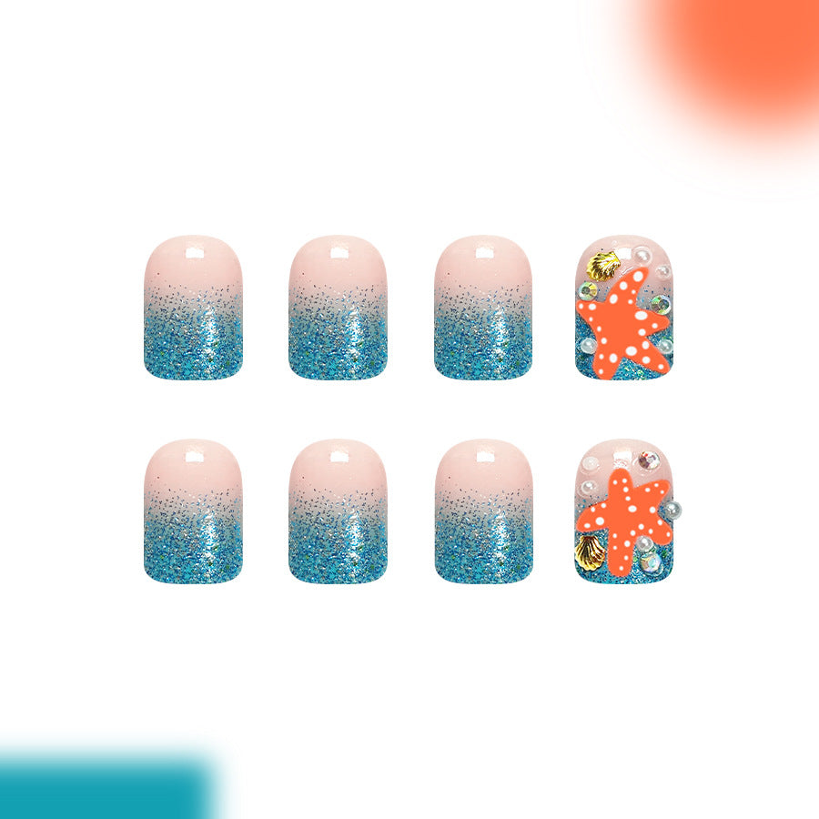 Beach Vibes Medium Square Aqua Glitter Press On Nail Set with Starfish Accent