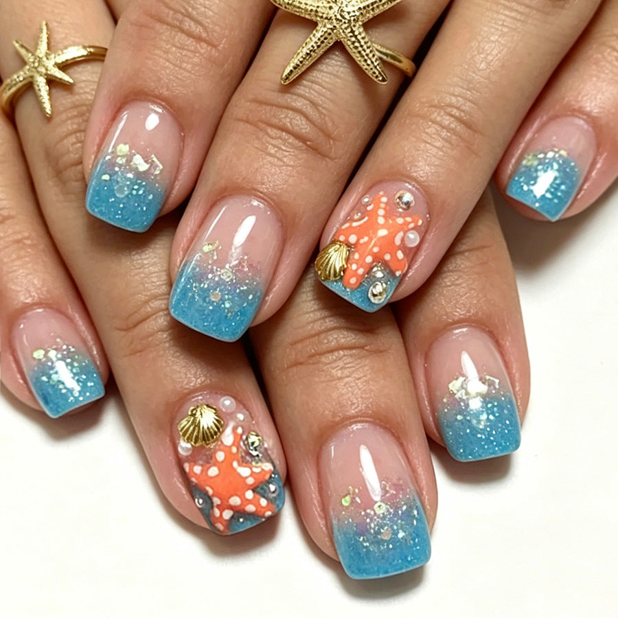 Ocean Breeze Short Square Blue Glitter Press On Nail Set with Starfish Design