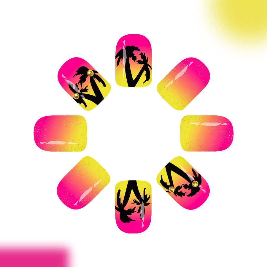 Tropical Sunset Medium Square Hot Pink and Yellow Gradient with Palm Tree Accents Nail Set