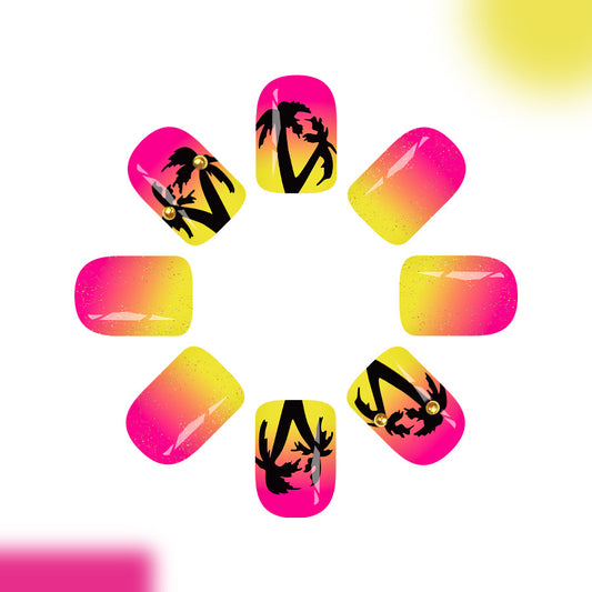 Tropical Sunset Medium Square Hot Pink and Yellow Gradient with Palm Tree Accents Nail Set