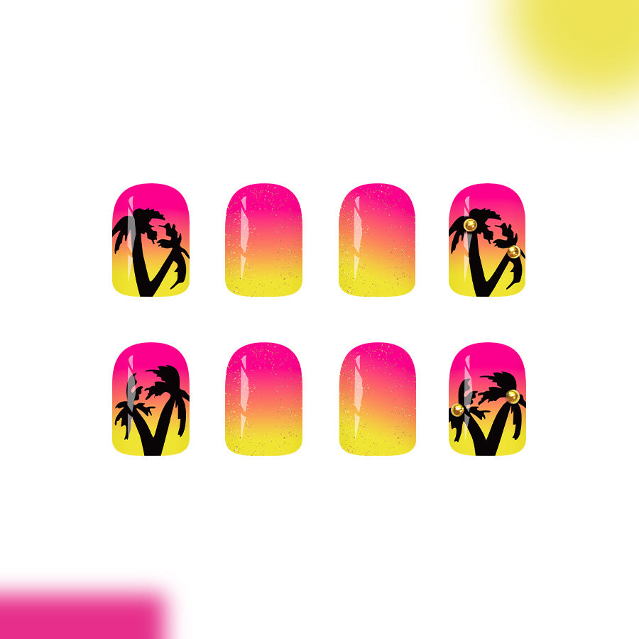 Tropical Sunset Medium Square Pink Ombre Nail Set with Palm Tree Art