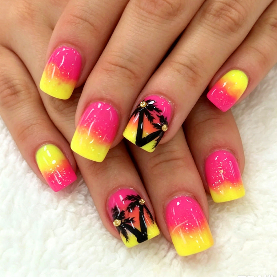 Tropical Sunset Long Square Ombre Press on Nail Set with Glittering Palm Tree Design
