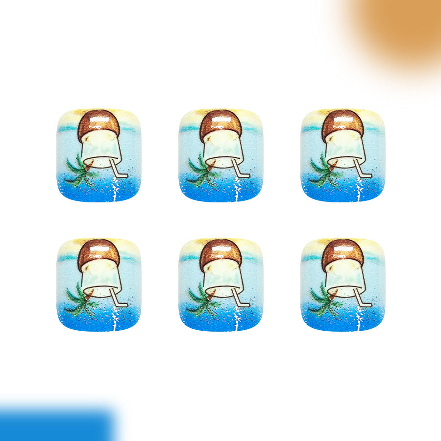 Tropical Paradise Short Square Blue and Gold Glitter Press On Nail Set
