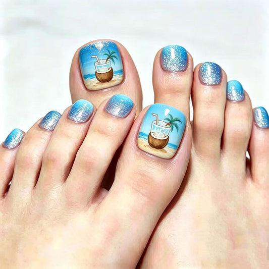Tropical Paradise Short Square Blue Glitter Press On Toenail Set with Coconut Beach Design
