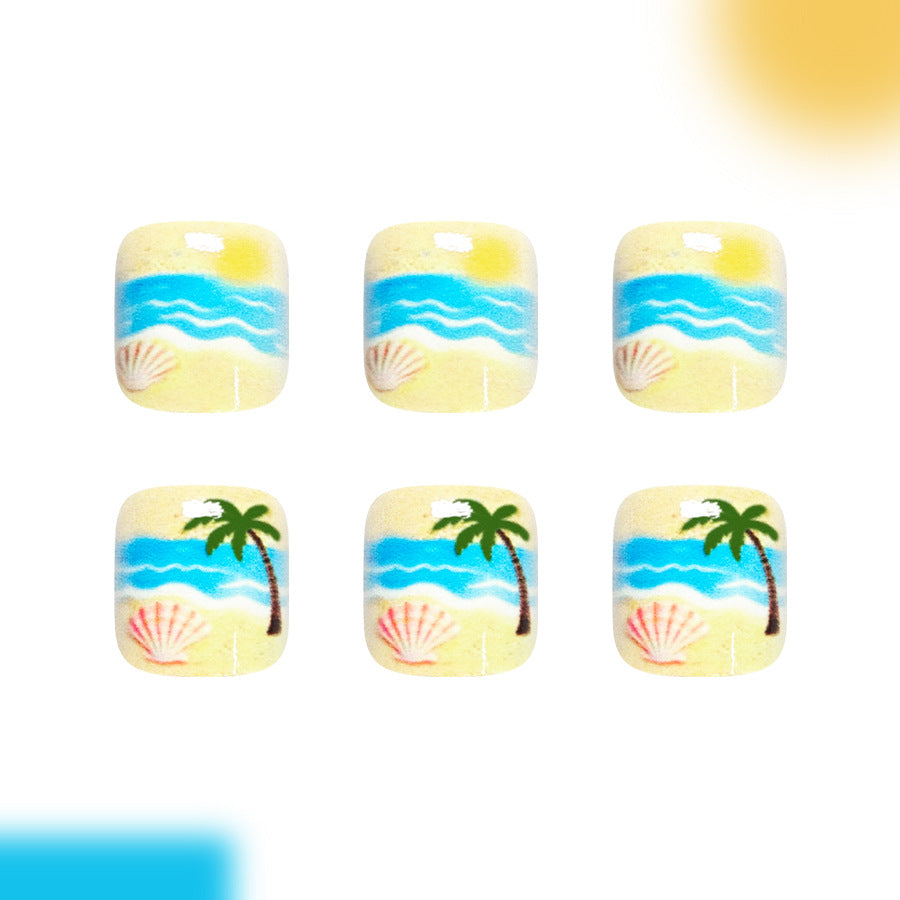 Beach Paradise Short Square Yellow Tropical Scene Press-On Toenail Set