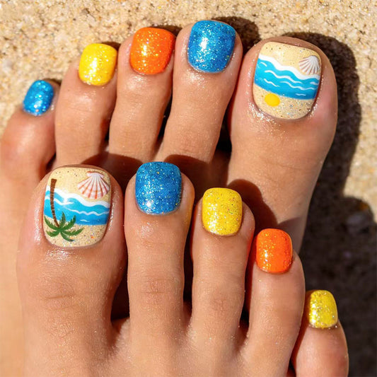 Tropical Vibes Long Square Glittery Press On Toenail Set