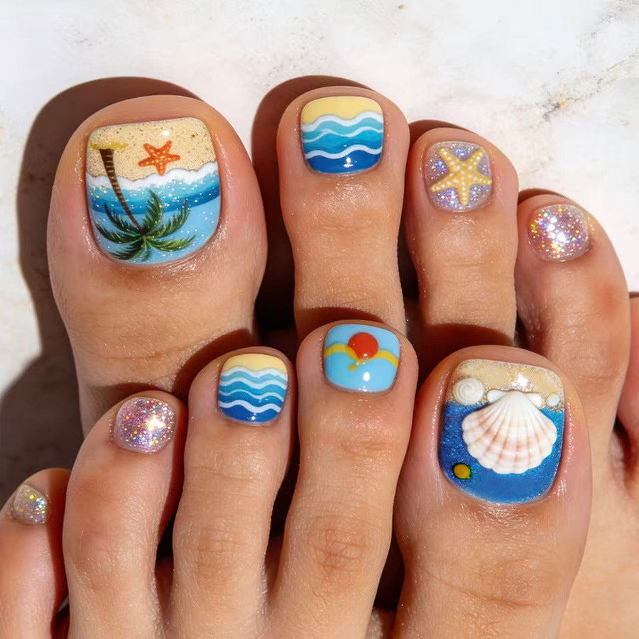 Beach Paradise Medium Square Turquoise with Fun Ocean Designs Press On Toenail Set