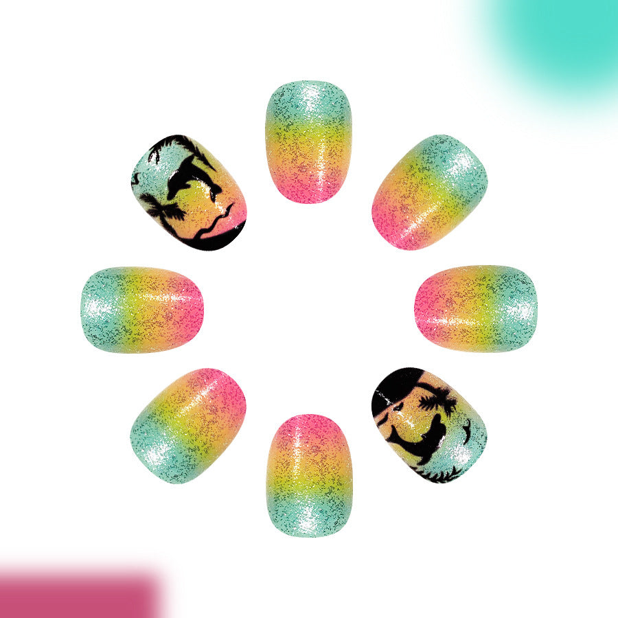 Tropical Sunset Short Oval Ombre Design Press On Nail Set