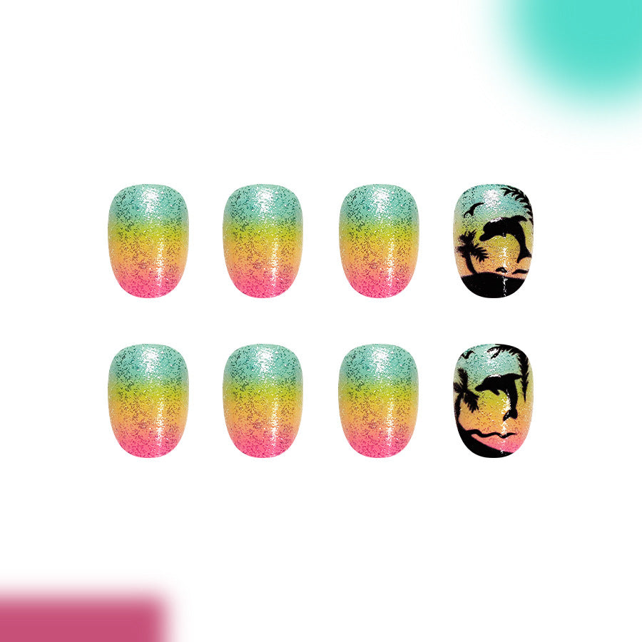 Tropical Sunset Medium Oval Colorful Gradient Beach Scene Press On Nail Set