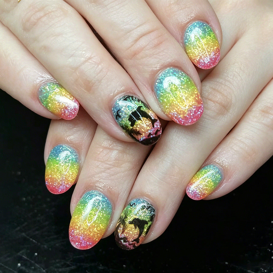 Rainbow Dreams Short Oval Sparkling Glitter Press On Nail Set