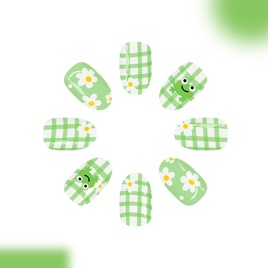 Frog Garden Short Round Green Gingham Pattern Press-On Nail Set