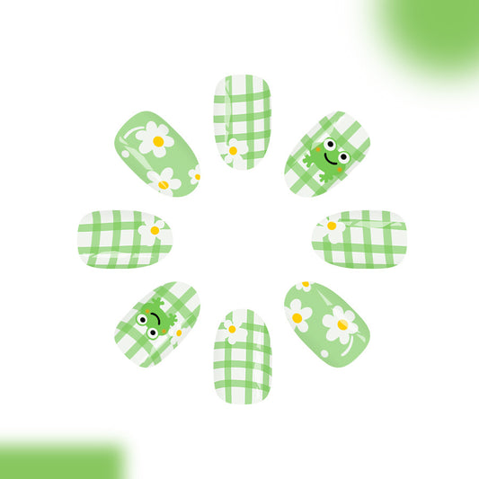 Frog Garden Short Round Green Gingham Pattern Press-On Nail Set