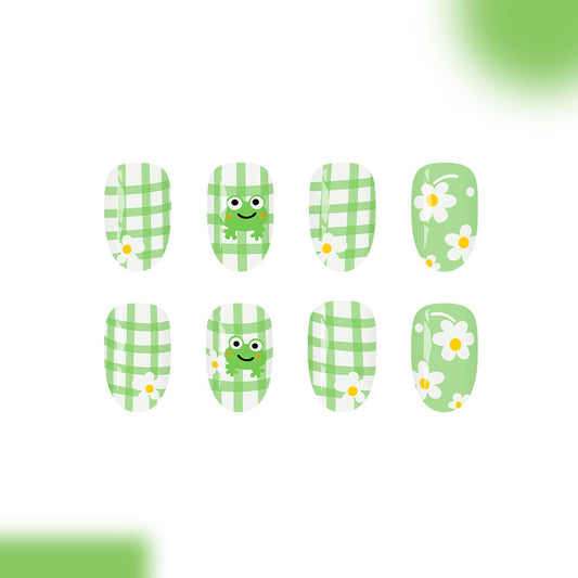 Frog Delight Short Round Green with Whimsical Floral Design Press On Nail Set