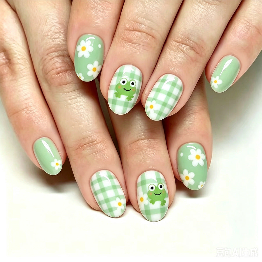 Whimsical Green Floral Medium Oval Press On Nail Set with Charming Frog Design