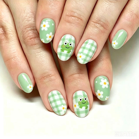 Whimsical Green Floral Medium Oval Press On Nail Set with Charming Frog Design