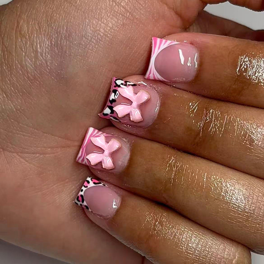Chic Pink Bow Inspired Long Square Glossy Press On Nail Set