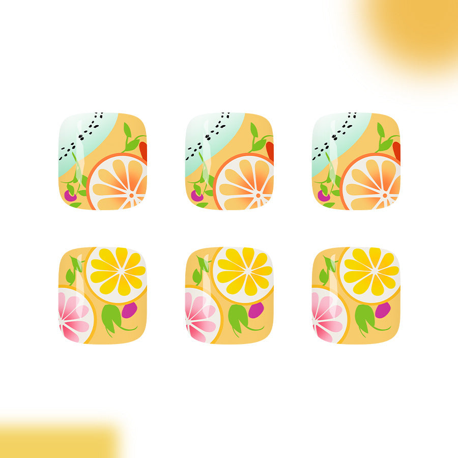 Citrus Delight Short Square Bright Floral Design Press On Toenail Set
