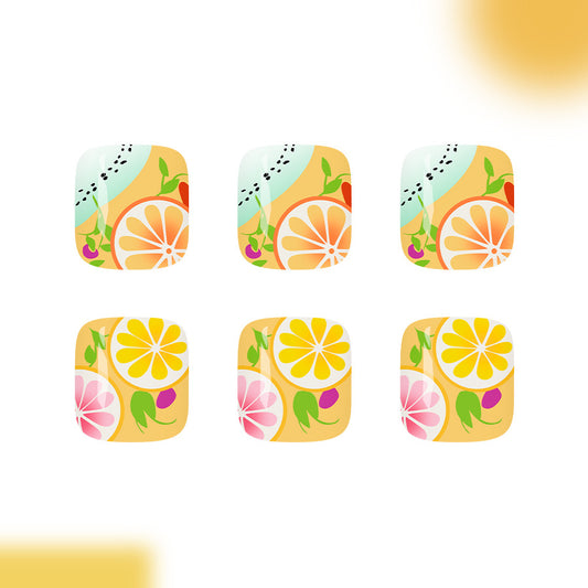 Citrus Delight Short Square Bright Floral Design Press On Toenail Set