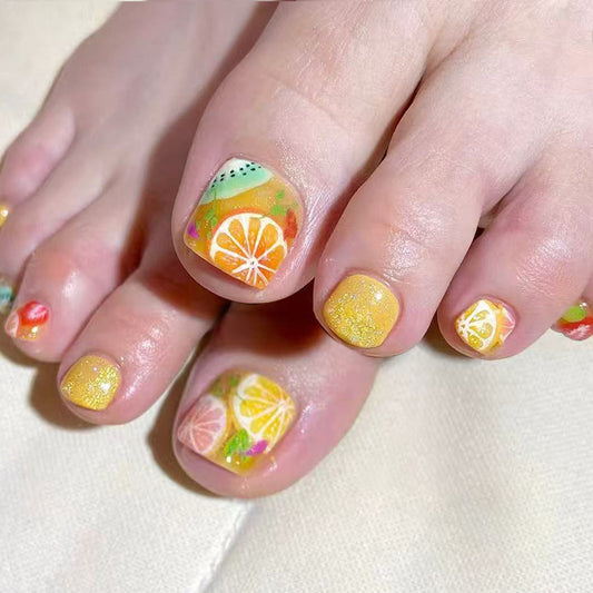 Citrus Splash Long Square Yellow Glitter Press On Toenail Set