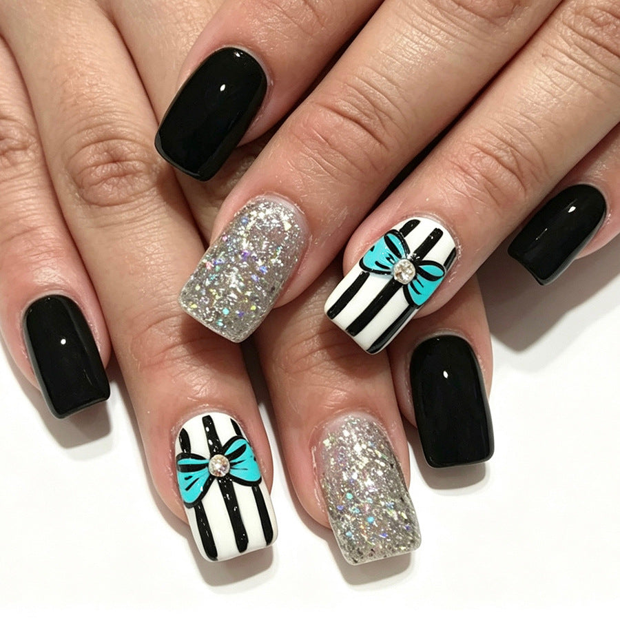 Elegant Evening Glamour Short Square Black and Glitter Accent Press On Nail Set