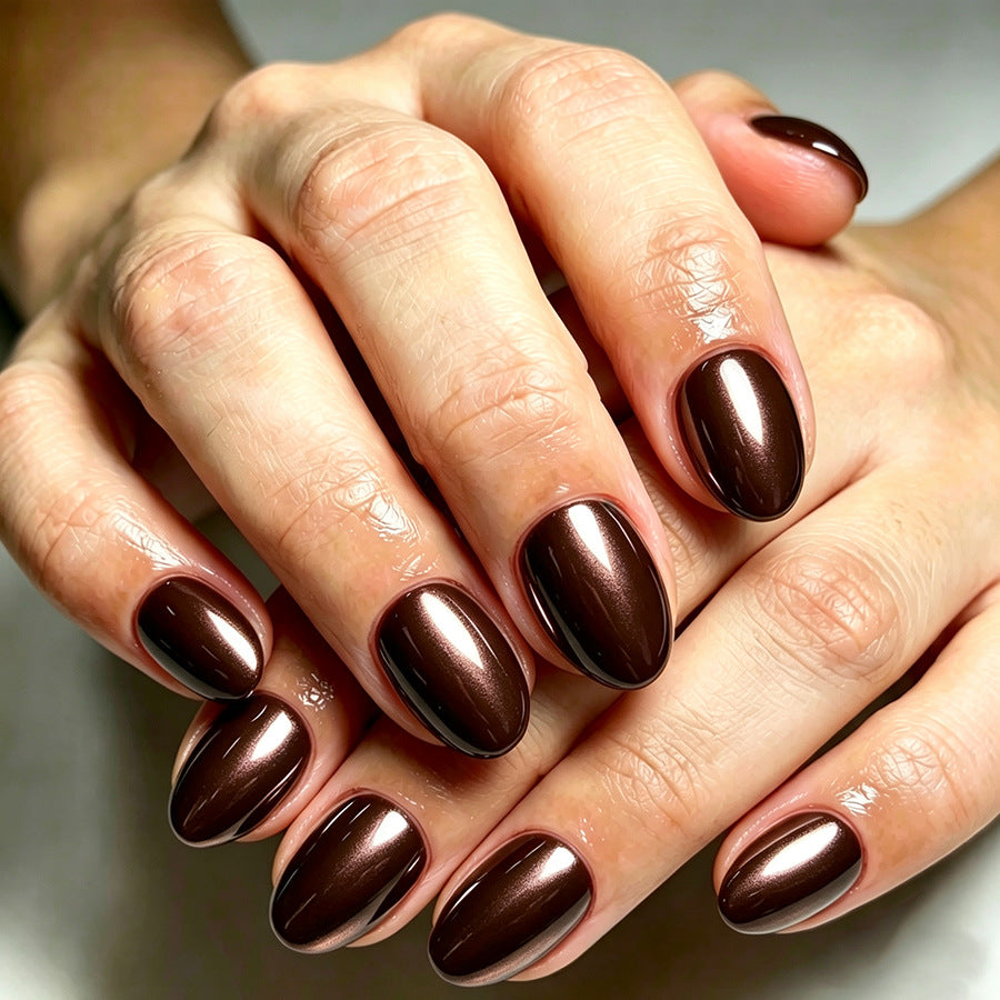 Chic Elegance Short Round Brown Metallic Press On Nail Set
