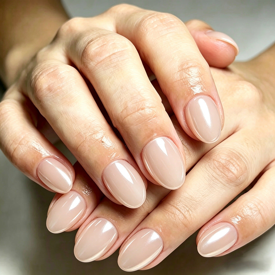 Chic Elegance Short Oval Beige Press On Nail Set with Glossy Finish