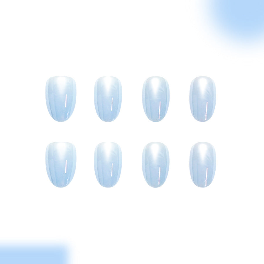 Dreamy Blue Short Oval Press On Nail Set with Iridescent Shine