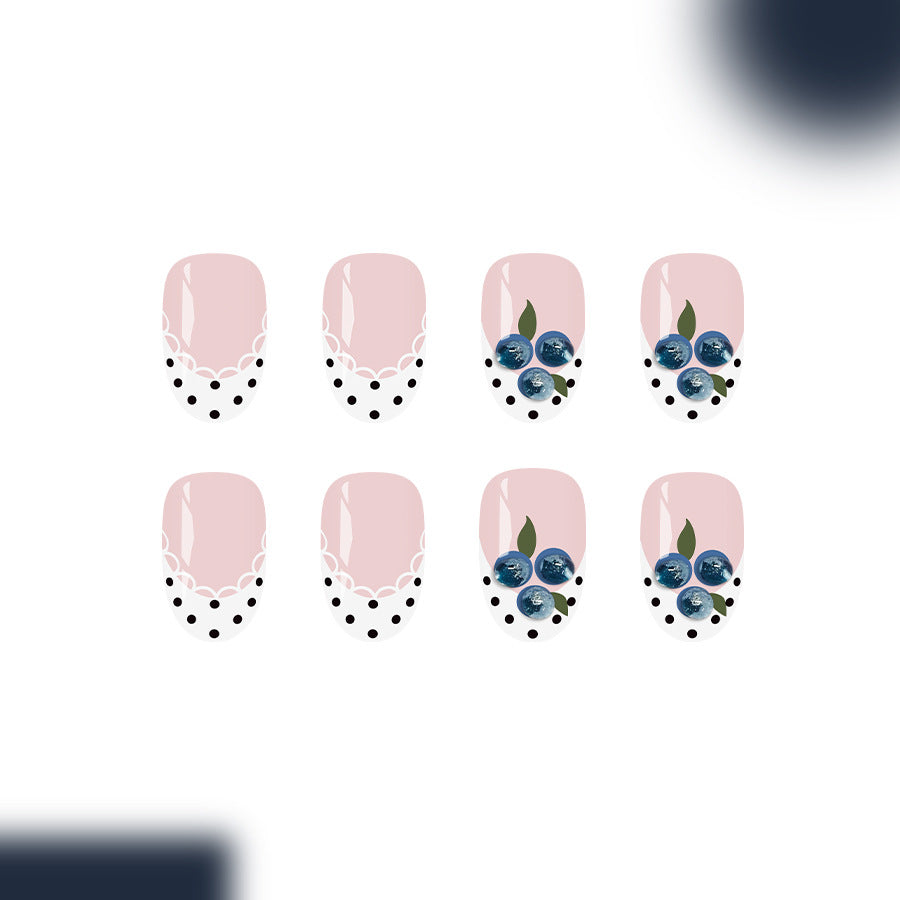 Whimsical Garden Short Oval Blush with Blueberry Floral Accents Press-On Nail Set
