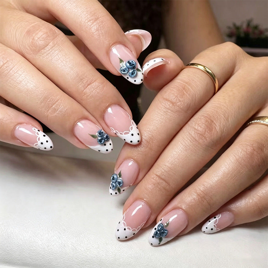 Charming Floral Design Medium Oval White with Blue Floral Accents Press-On Nail Set