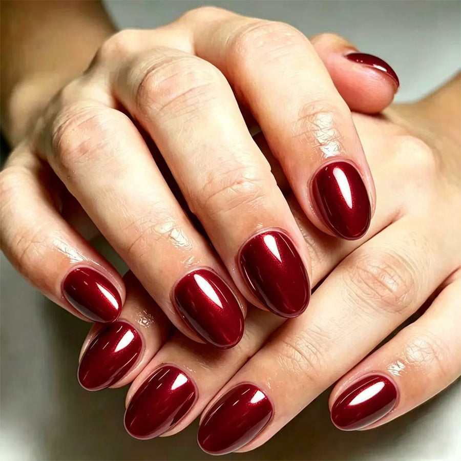 Autumn Elegance Short Round Burgundy Glossy Press On Nail Set
