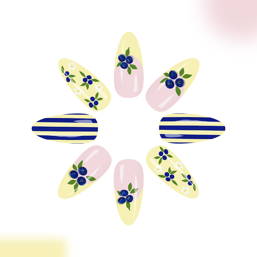 Garden Bloom Medium Almond Yellow and Blue Floral Design Press on Nail Set