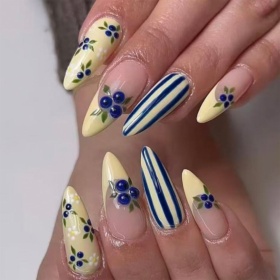 Spring Blossom Medium Almond Yellow and Blue Floral Nail Press Set