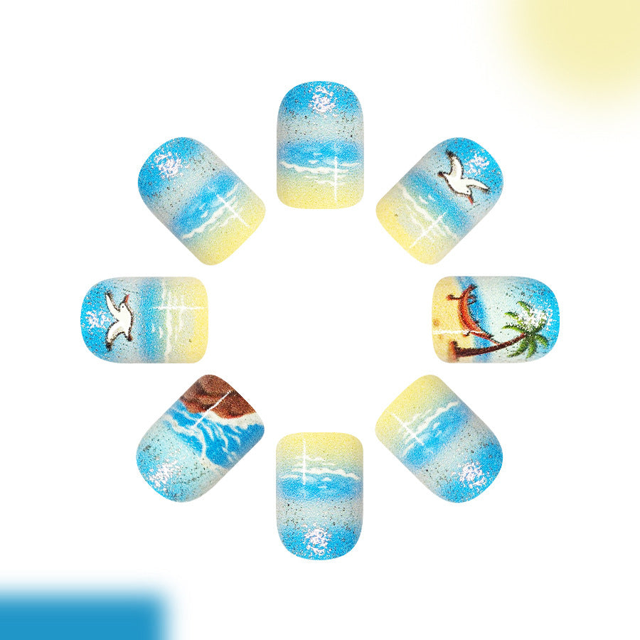 Tropical Paradise Short Square Blue Ombre Nail Set with Scenic Beach Art