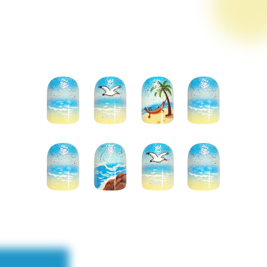 Tropical Paradise Medium Square Sky Blue Beach Scene Press On Nail Set