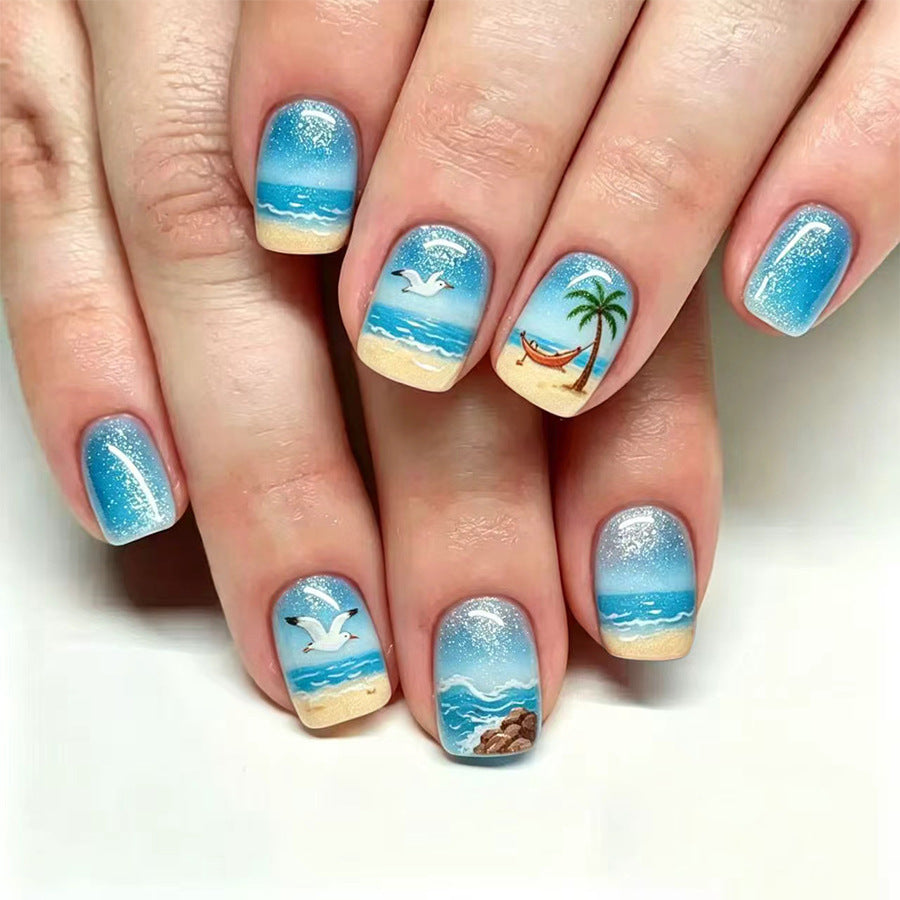 Tropical Paradise Short Square Sky Blue with Beach Scene Nail Set