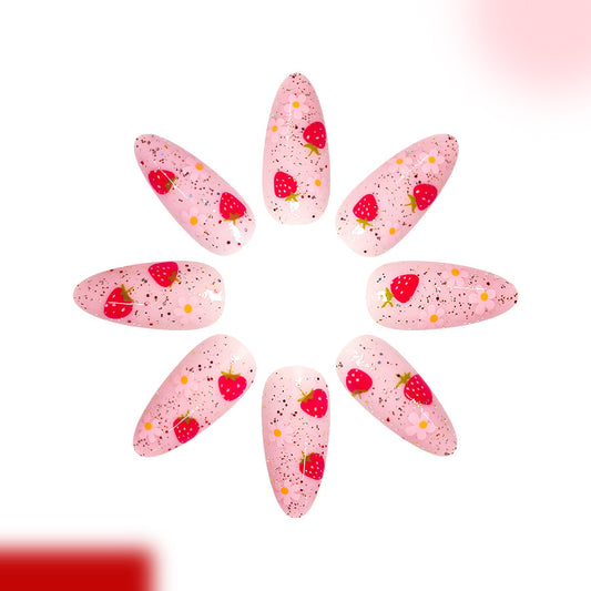 Sweet Strawberry Dream Medium Stiletto Pink Glitter Press On Nail Set