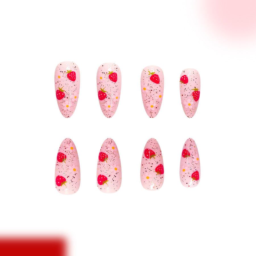 Strawberry Delight Medium Almond Pink Press On Nail Set with Glitter Accents