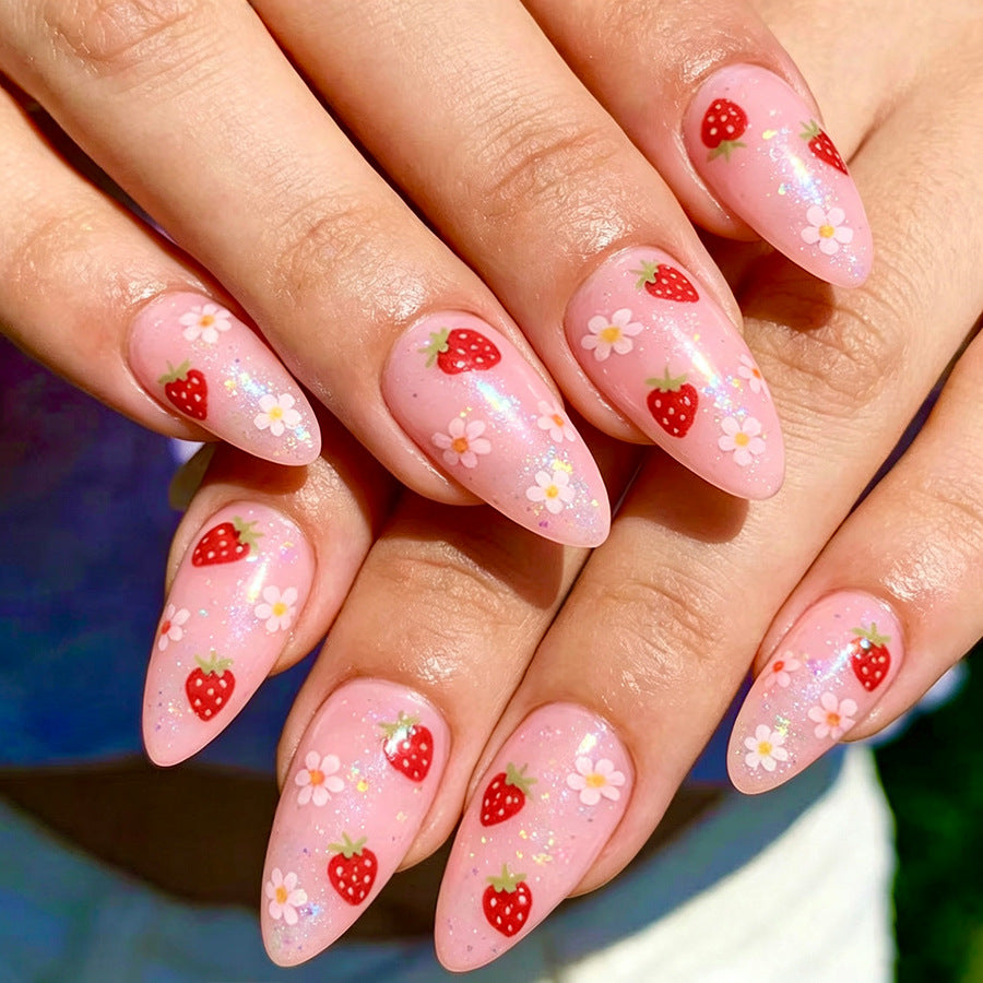 Strawberry Dream Medium Almond Pink with Floral and Berry Design Press On Nail Set