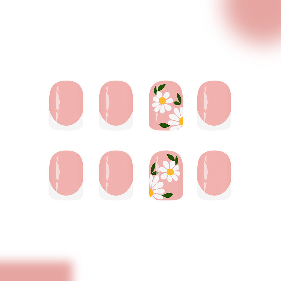 Whimsical Floral Short Square Pink Press On Nail Set with Charming Daisy Design